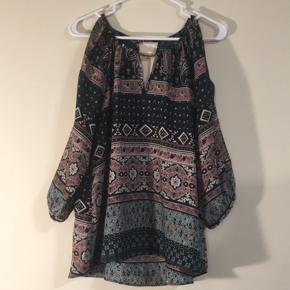Black, green, pink patterned blouse